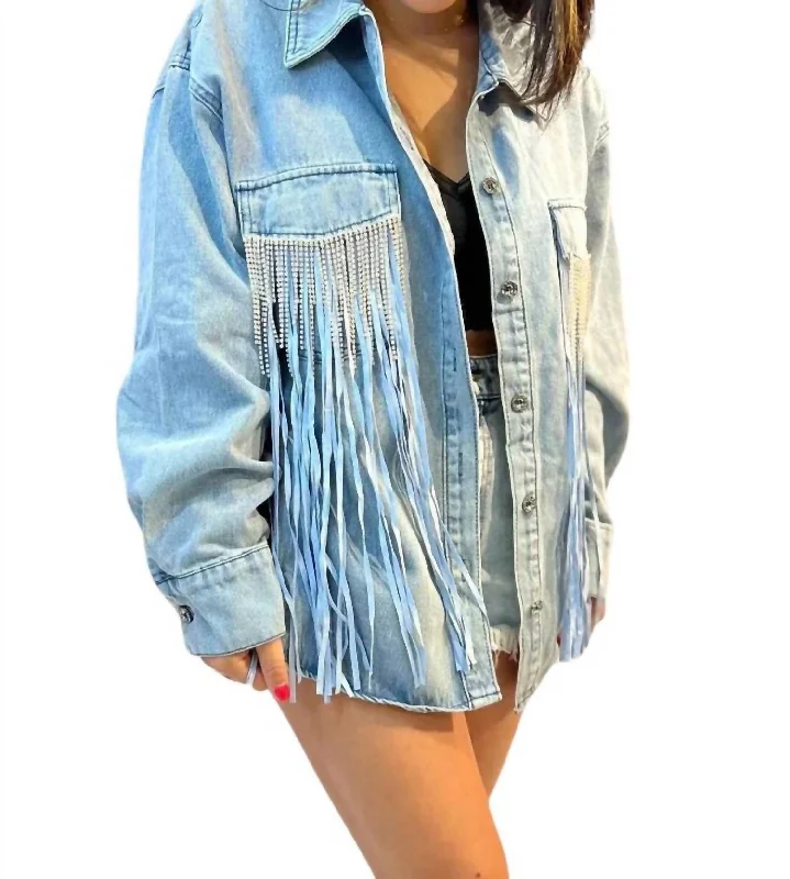 Huge Price Cut Tyra Double Fringe Denim Shacket In Lightwash Denim