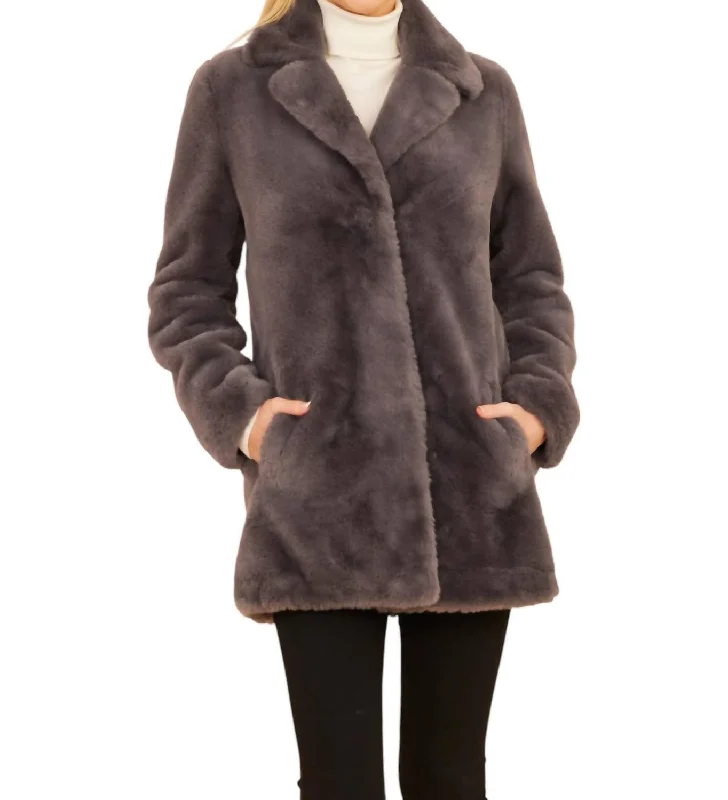 Charming Silhouette Faux Fur Long Coat In Grey