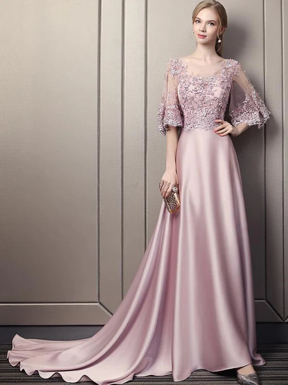 Nordic Minimalist Home Look Pink Soft Satin Long Party Dress with Lace Top, A-line Pink Evening Dress Prom Dress