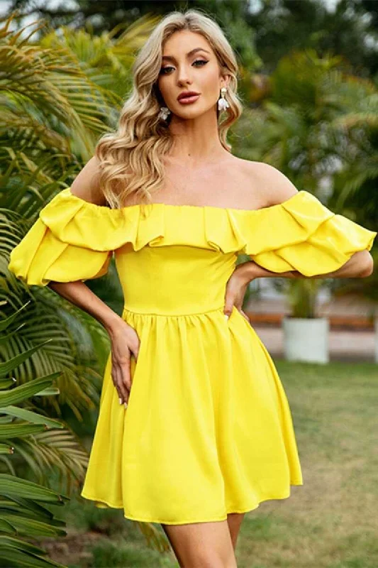 Hot Sale Yellow Off-the-Shoulder Puff Sleeve Ruffled Short Party Dress