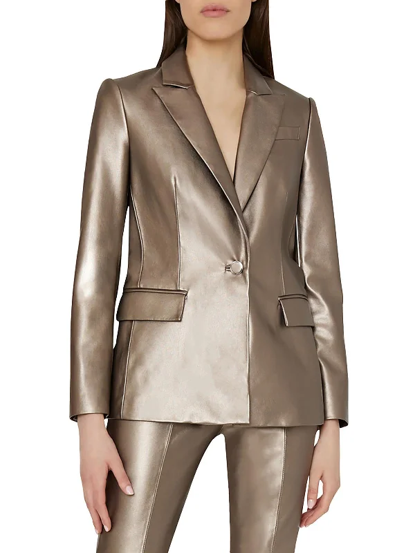 Fashionista Favorites Alexa Womens Faux Leather Metallic One-Button Blazer