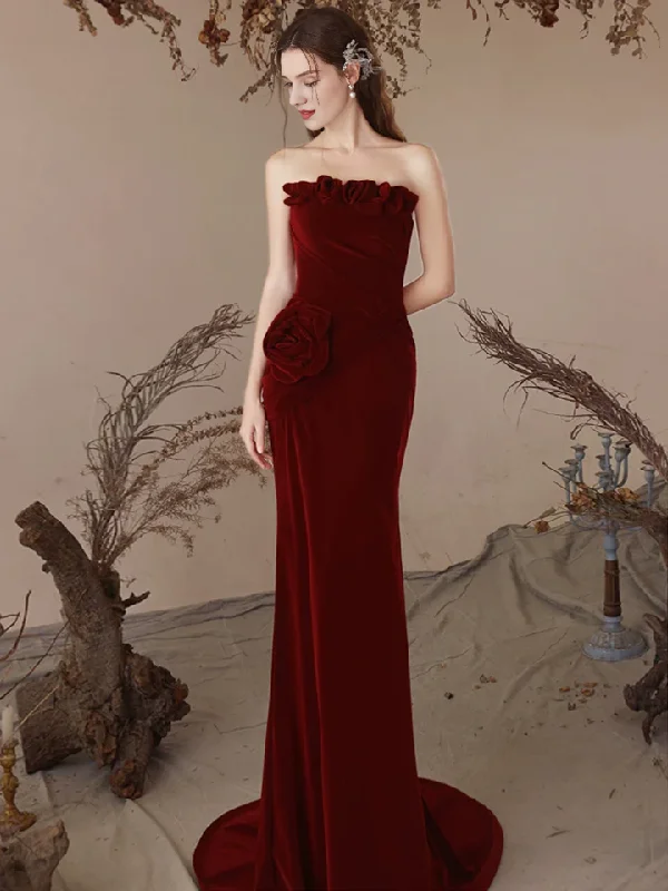 New Arrivals Elegant Unique Mermaid Velvet Long Prom Dress Burgundy Temperament strapless Party dress