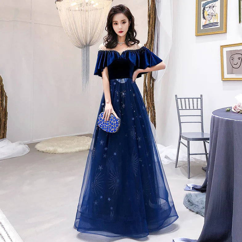 Y2K Nostalgic Fashion Look Blue Tulle Long Beaded Party Dress, Blue Velvet Top Prom Dress Evening Gown