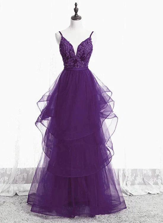 Graceful Movement Beautiful Purple Tulle Layers with Lace Long Evening Dresses, Purple Prom Dress Party Dresses