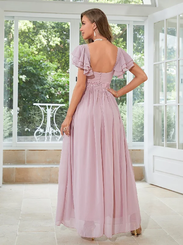 The Good Stuff TastyHottie - Pink Chiffon Sweetheart Layered Sleeve Maxi Dress