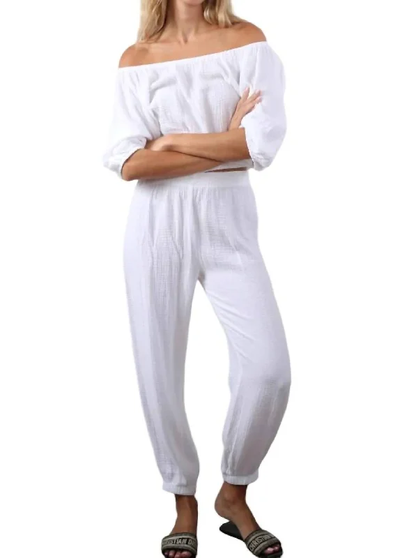 Special Offer Gauze Beach Pants With Gathered Ankle In White