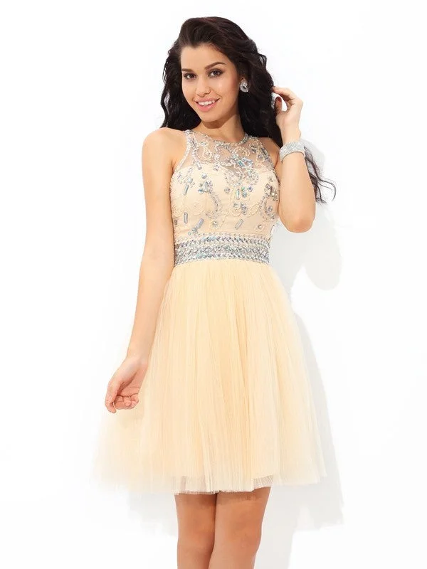 Best Sellers A-Line/Princess Sheer Neck Beading Sleeveless Short Net Cocktail Dresses