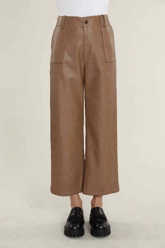 Feminine Soft - Hued Styles Vegan Leather Wide Leg Pant In Pecan