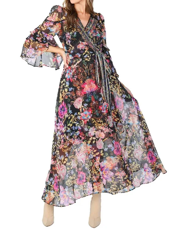 Exclusive Discount Chiffon Wrap Dress In Black Multi