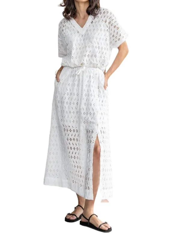 Mother's Day Special Eyelet Drawstring Dolman V-Neck Top In White