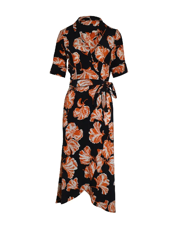 Flash Sale Now Ganni Midi Wrap Dress in Black and Orange Silk