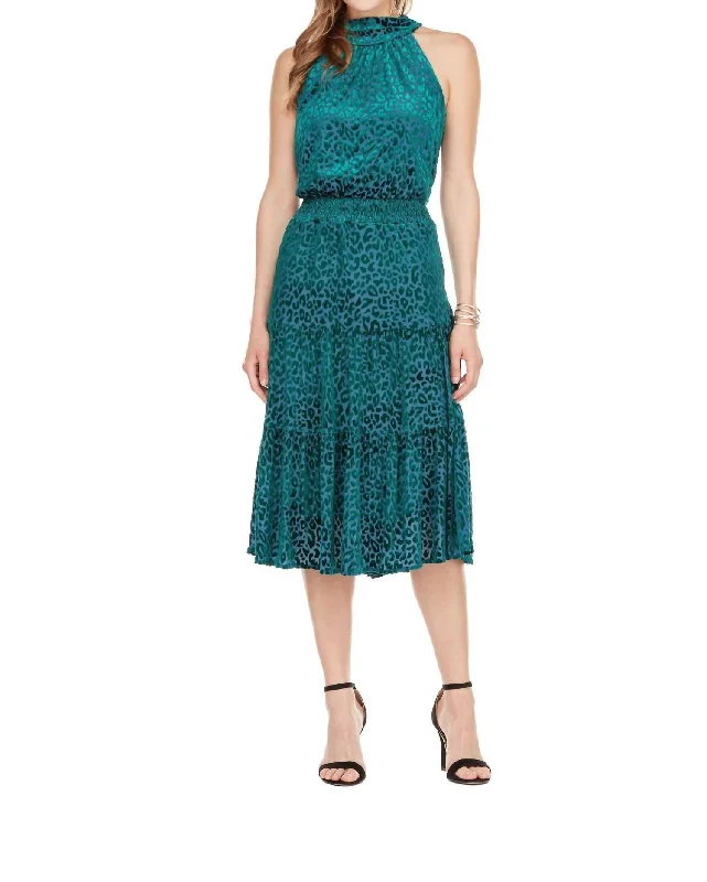 Exclusive Sale Holly Leopard Halter Dress In Teal Burnout