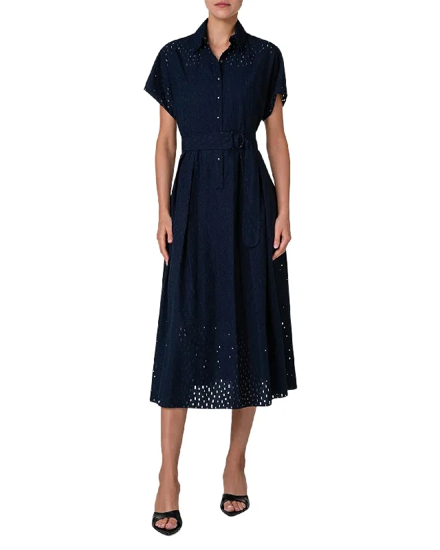 Stylish Looks Lasercut Grid Cotton Poplin Dress With Belt In Navy