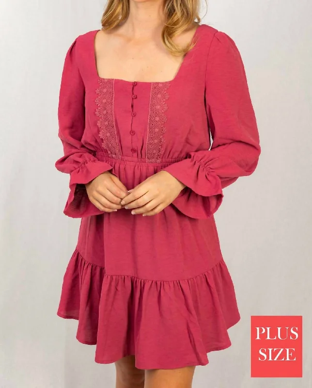 Absurdly Cheap Sale Long Poet Sleeve Solid Lace Trim Dress In Mauve