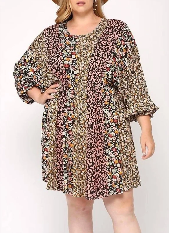 Save Big Print Mixed Dolman Sleeve Dress With Side Pockets In Black Mix