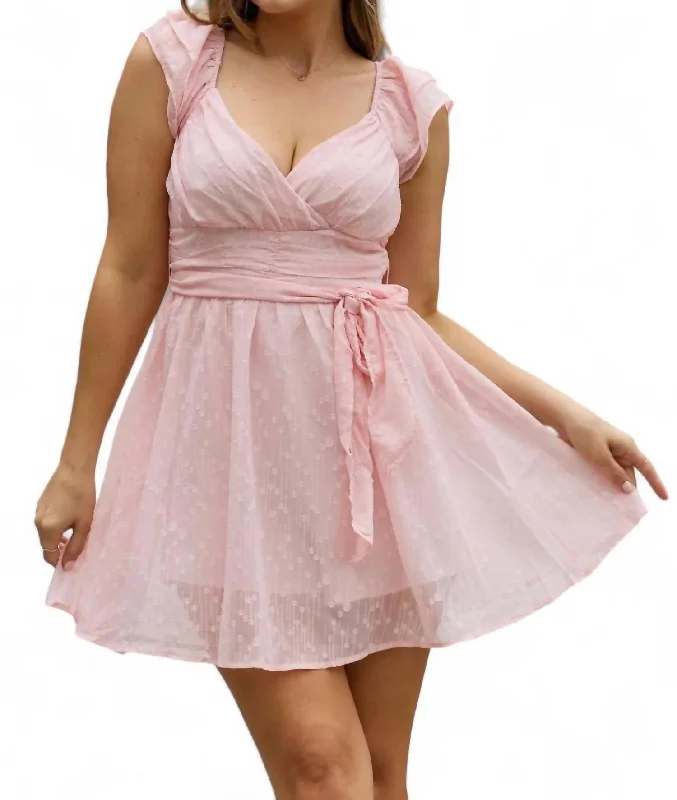 Trendy Women's Wear Collection Short Sleeve Lace Woven Dress In Pink