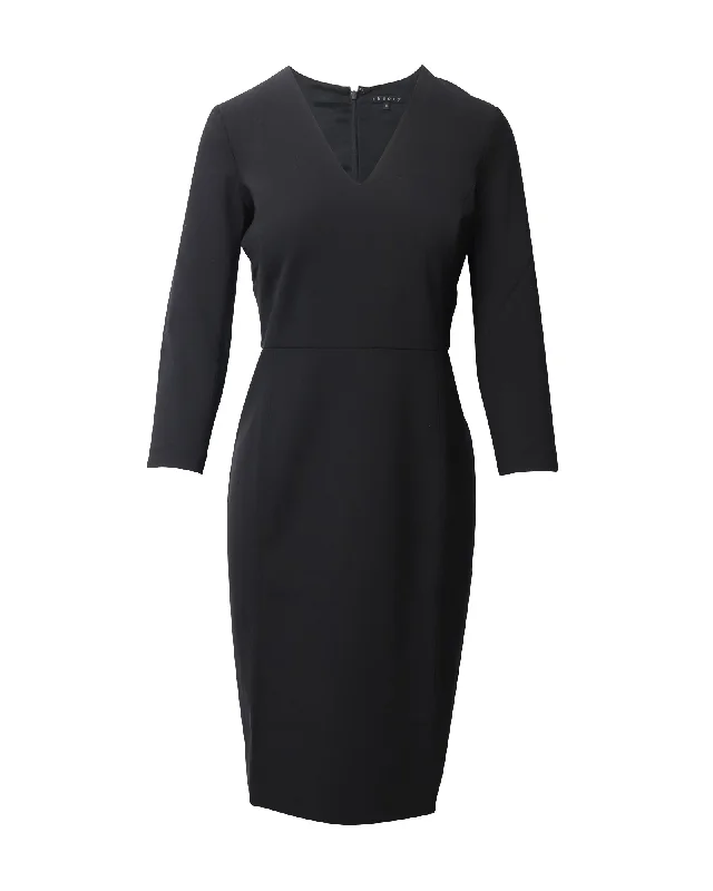 Best Deals Of The Season Theory Knee Length Dress with V-neck in Black Wool